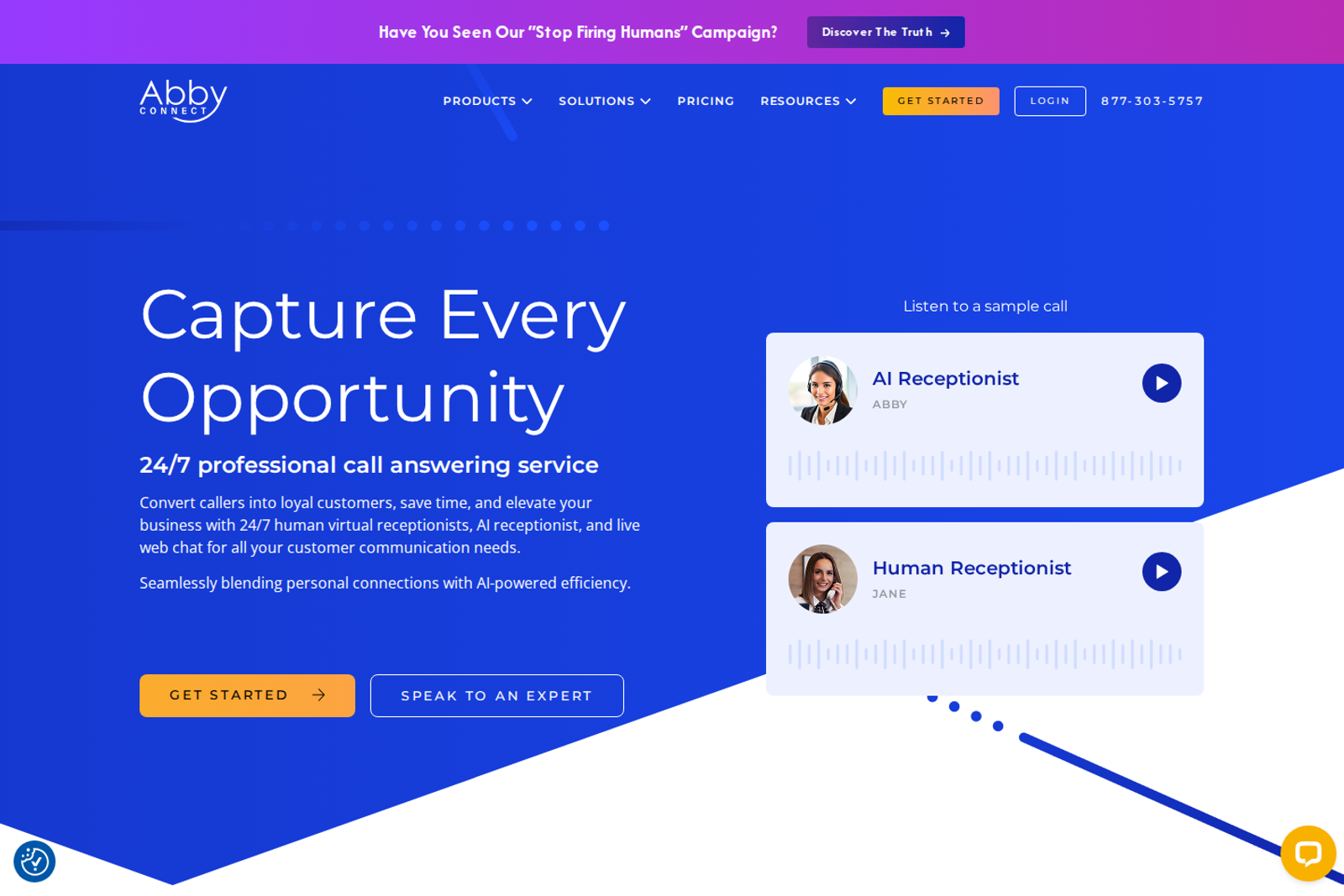 Screenshot of the Abby Connect landing page
