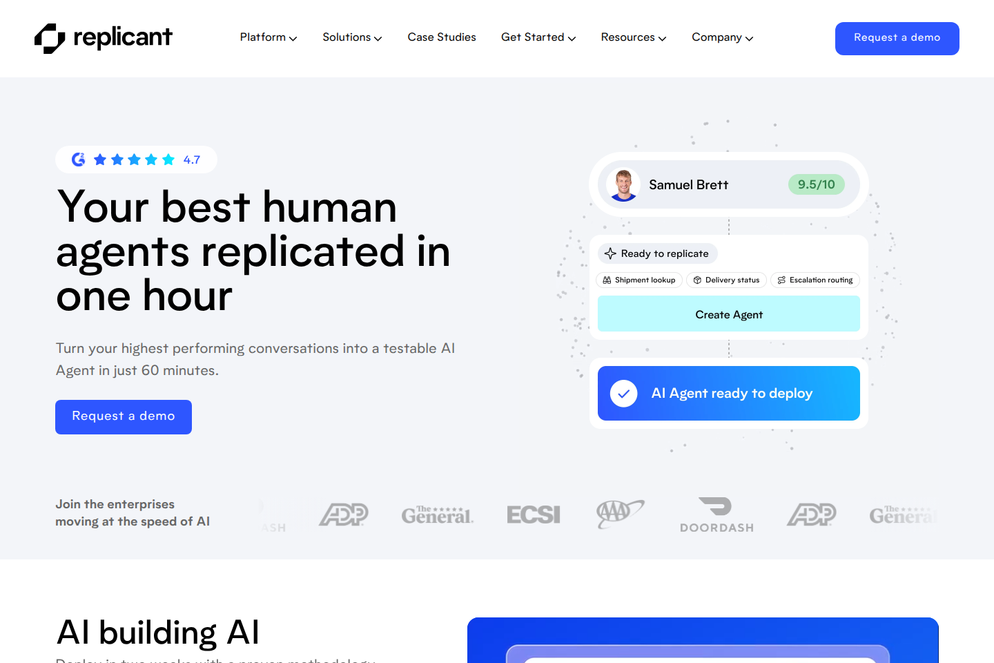 Screenshot of the Replicant landing page