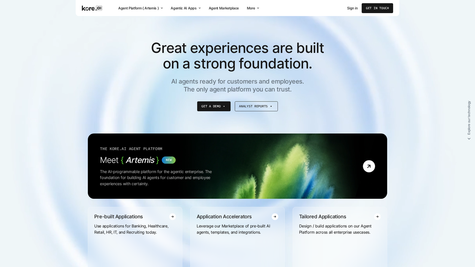 Screenshot of the Kore.ai website captured for this PolyAI alternatives article