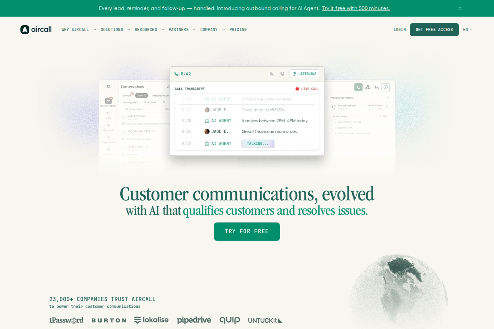 Screenshot of the Aircall website