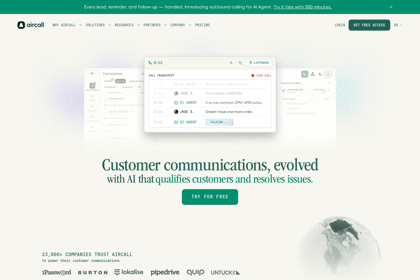 Screenshot of the Aircall website