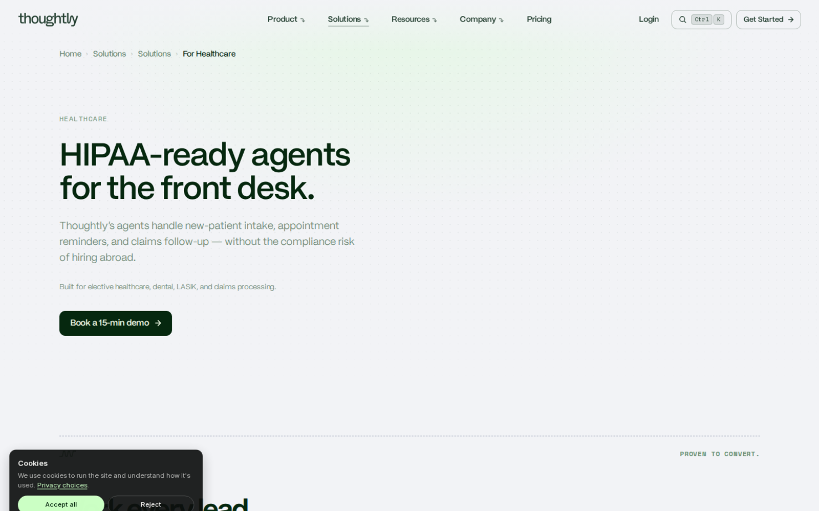 Screenshot of the Thoughtly healthcare solutions page