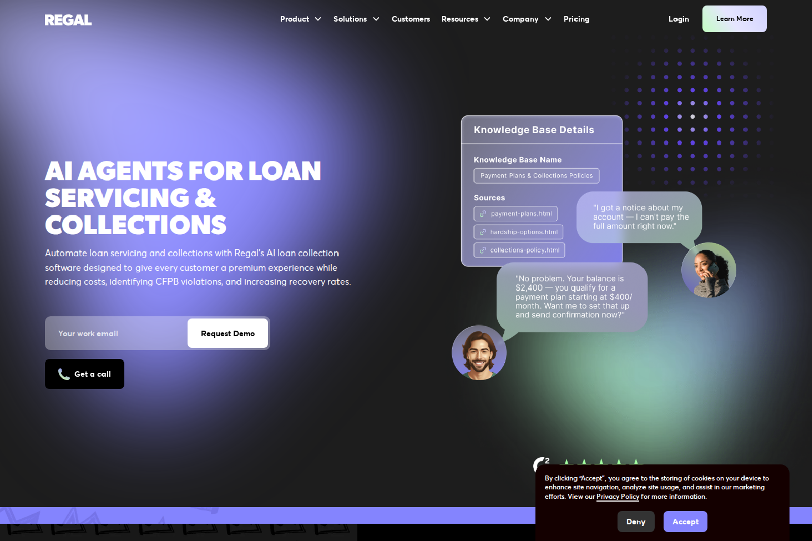 Screenshot of the Regal.io AI agents for loan servicing page