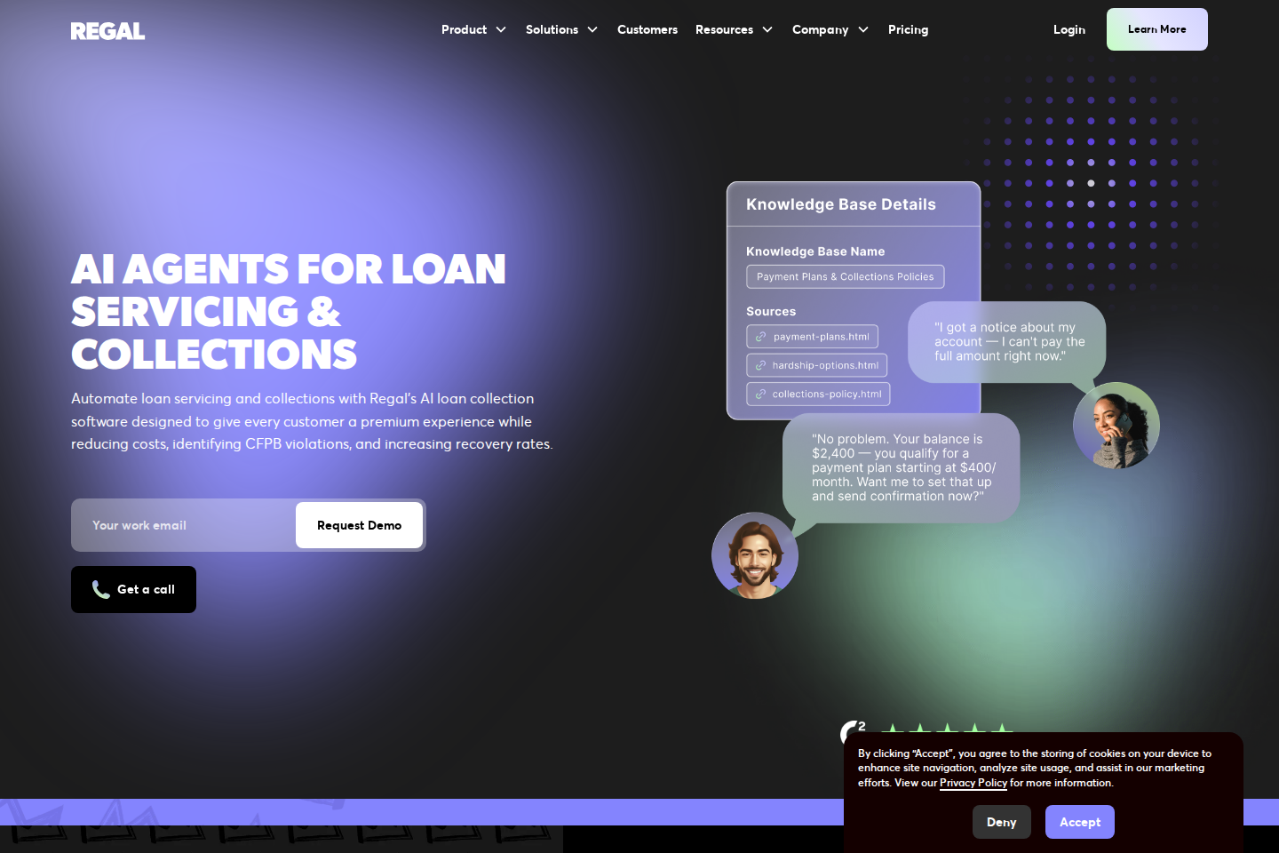 Screenshot of the Regal.io AI agents for loan servicing page