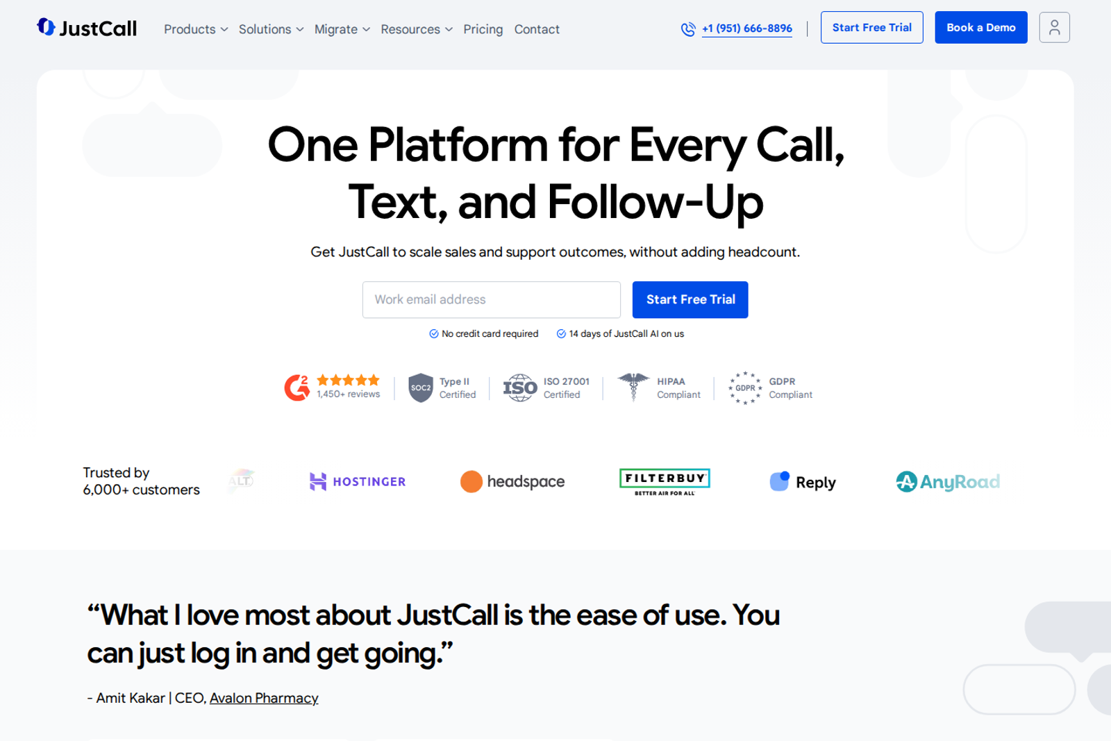 Screenshot of the JustCall homepage