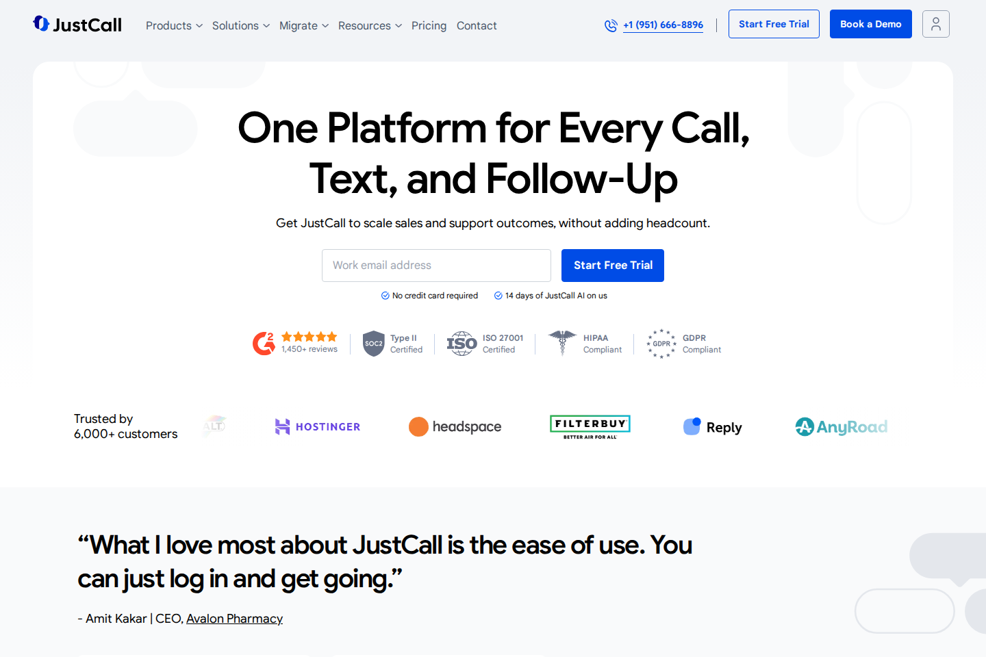 Screenshot of the JustCall homepage