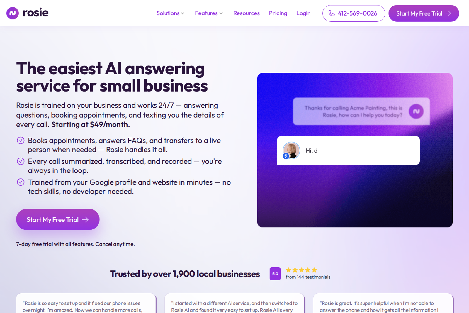 Screenshot of the Rosie landing page