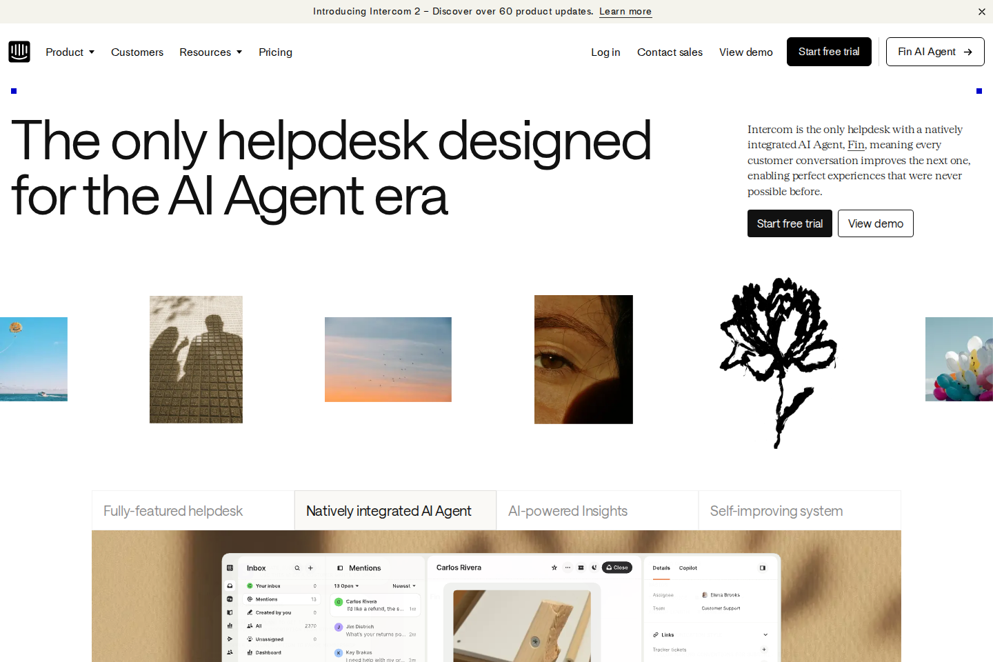 Screenshot of the Intercom homepage