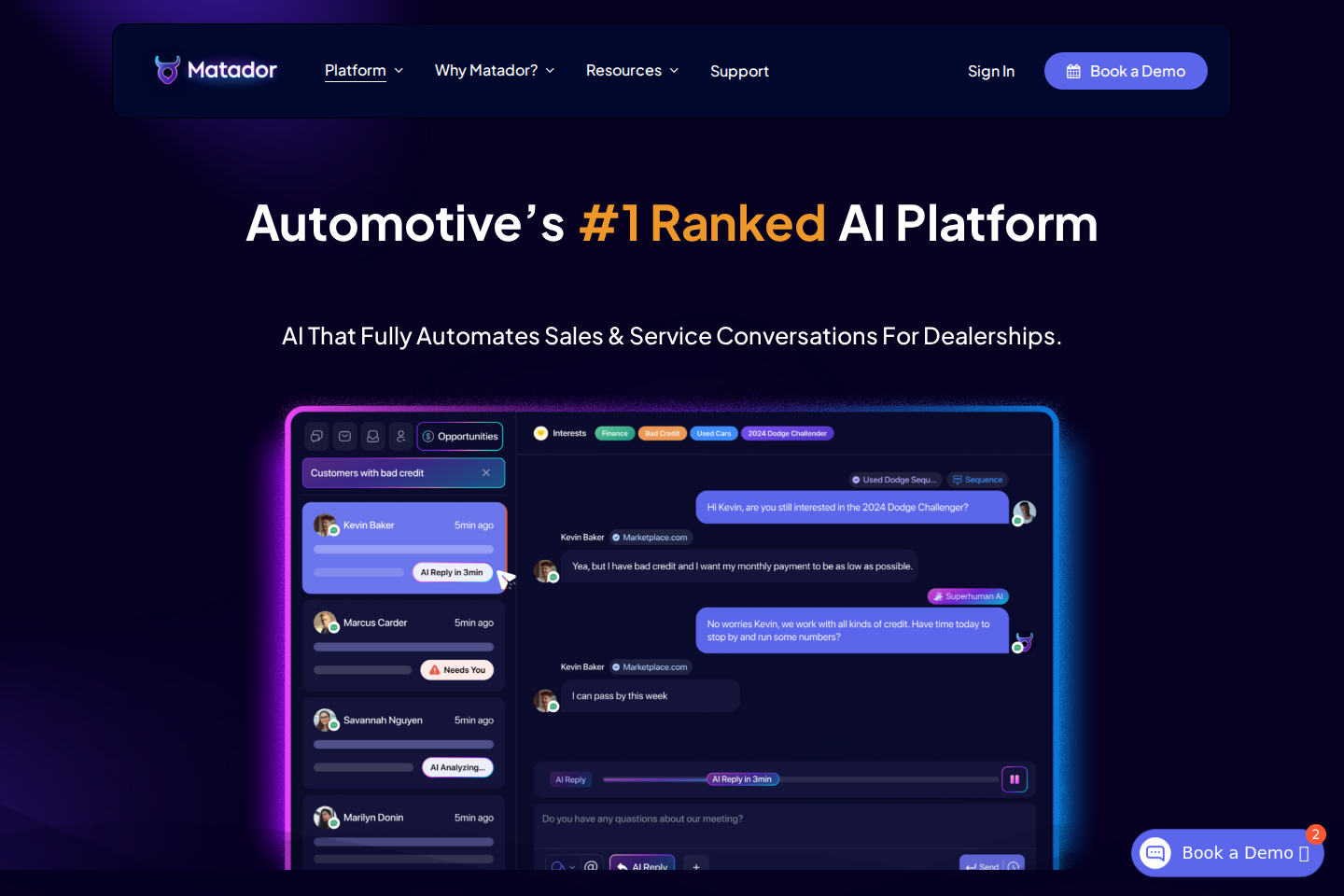 Screenshot of the Matador AI landing page