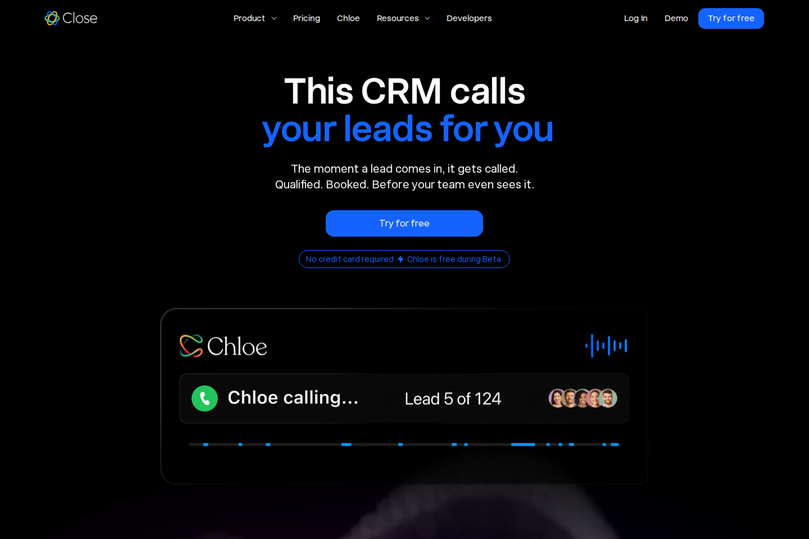 Screenshot of the Close CRM landing page