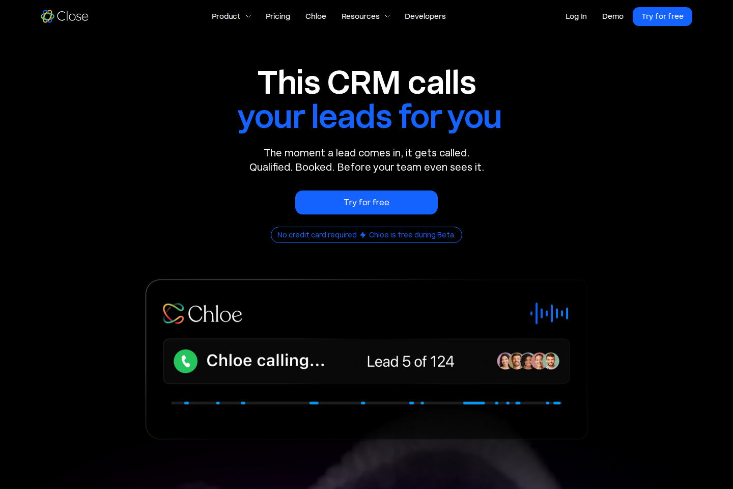 Screenshot of the Close CRM landing page