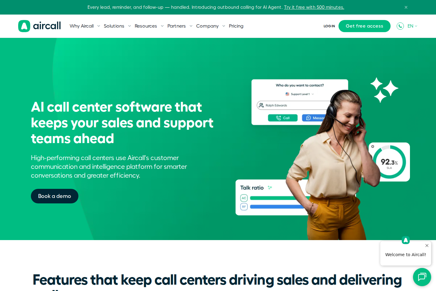Screenshot of the Aircall call center software page