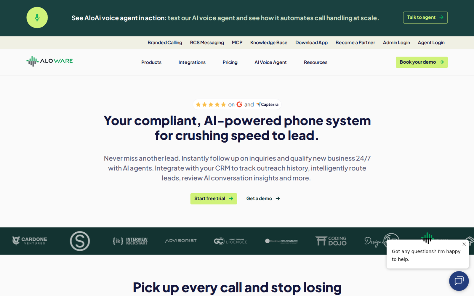 Screenshot of Aloware homepage