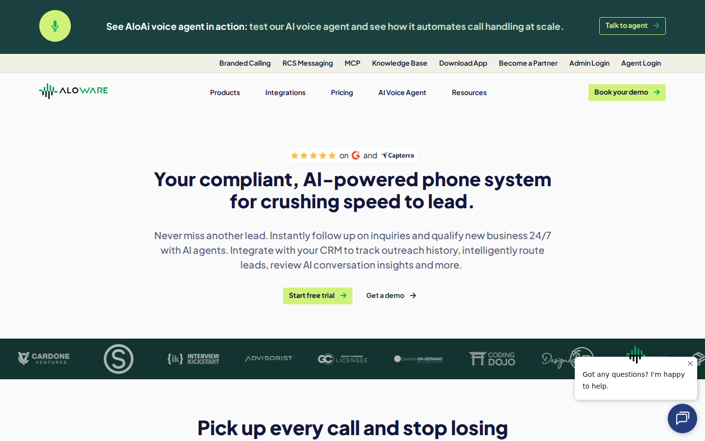Screenshot of Aloware homepage