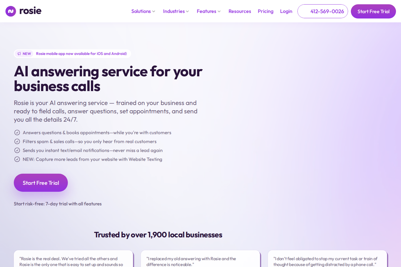 Screenshot of the Rosie AI (heyrosie.com) landing page