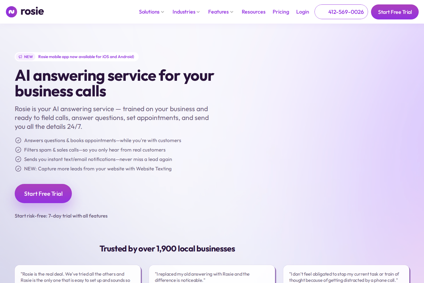 Screenshot of the Rosie AI (heyrosie.com) landing page