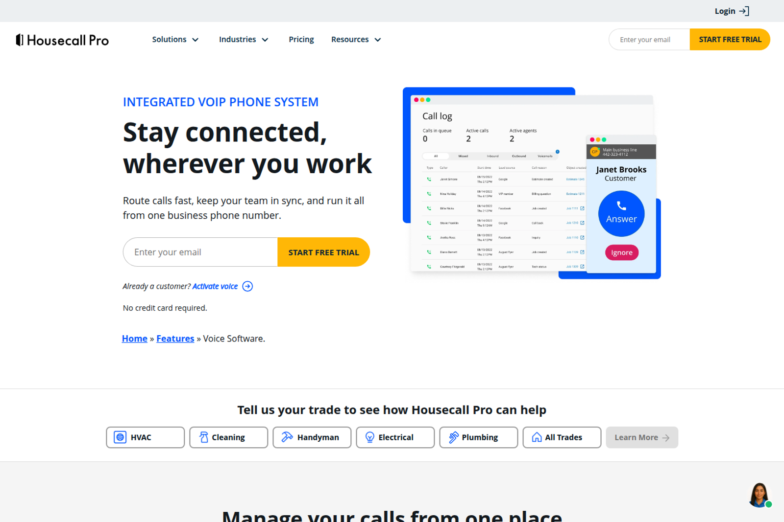 Screenshot of the Housecall Pro Voice landing page