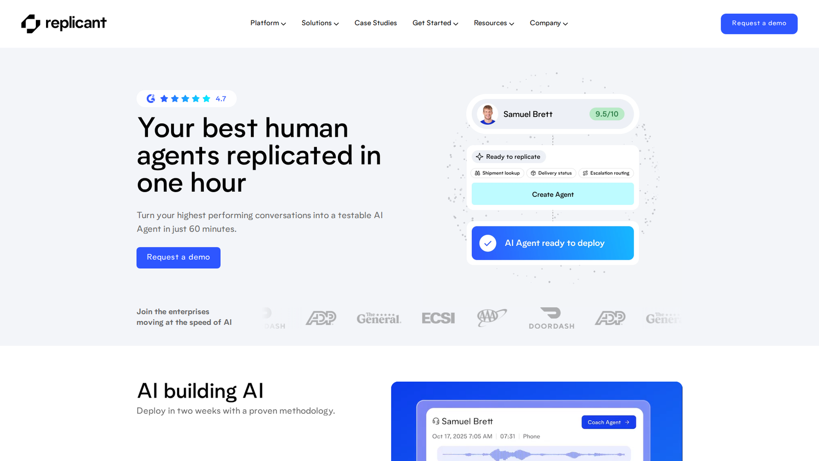 Screenshot of the Replicant website captured for this PolyAI alternatives article