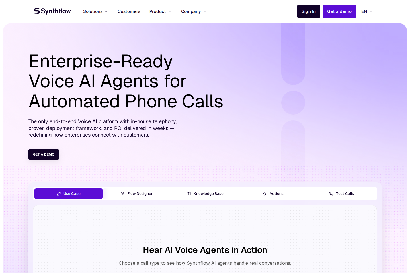 Screenshot of the Synthflow AI landing page