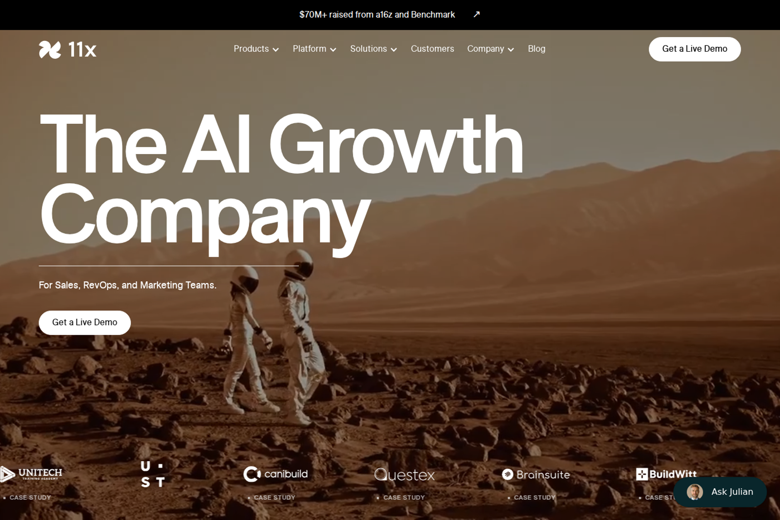 Screenshot of the 11x.ai homepage showing Alice and Julian digital worker product lineup