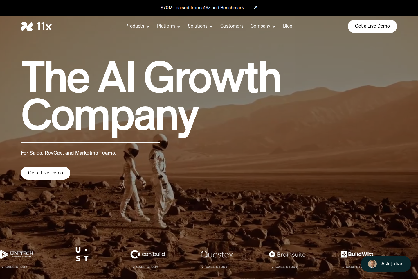 Screenshot of the 11x.ai homepage showing Alice and Julian digital worker product lineup