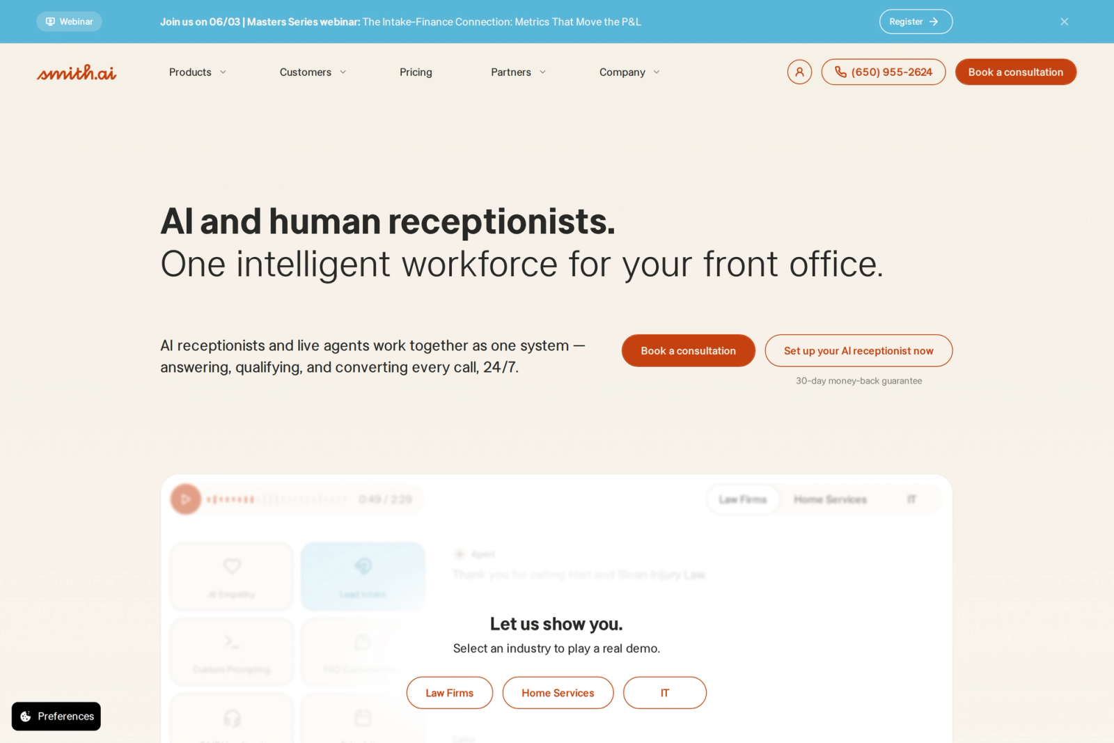 Screenshot of the Smith.ai landing page