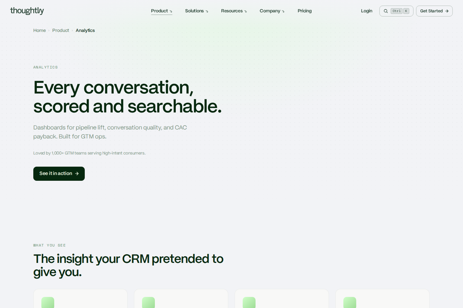 Screenshot of the Thoughtly analytics product page