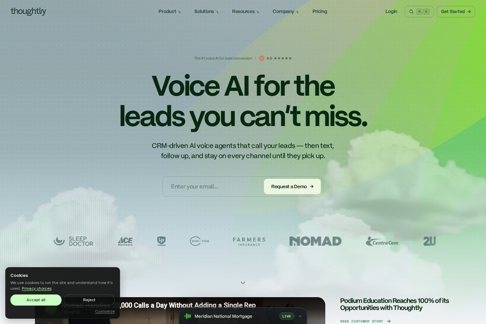 Screenshot of the Thoughtly landing page