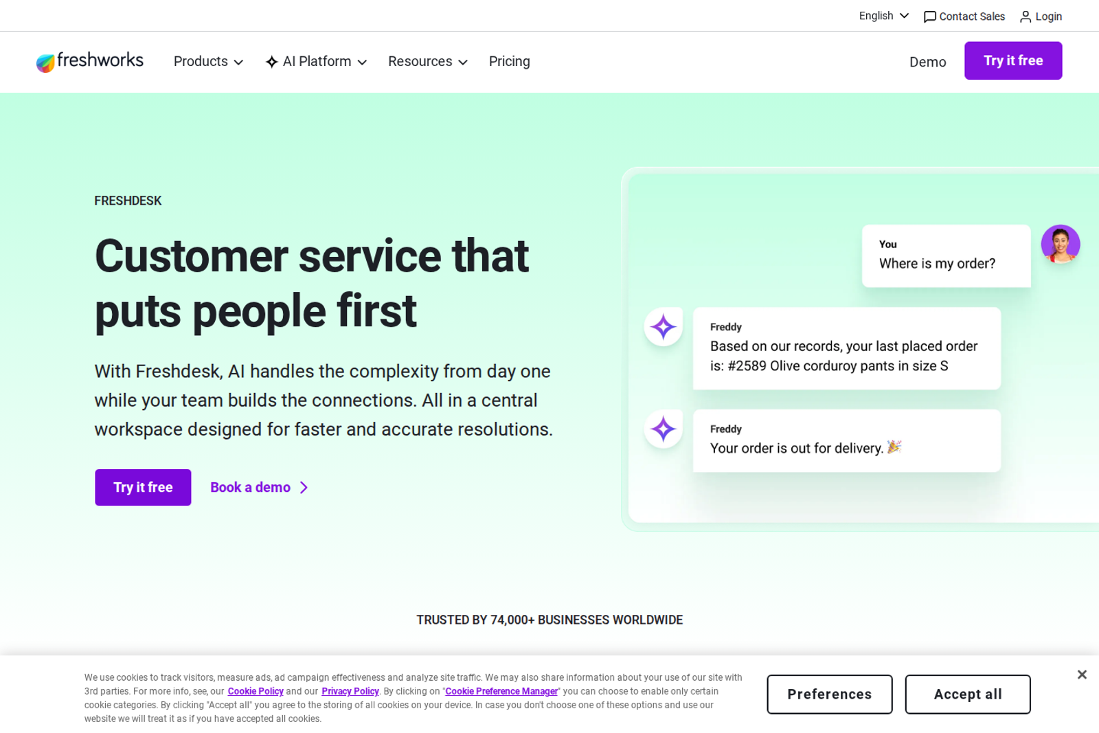 Screenshot of the Freshdesk homepage