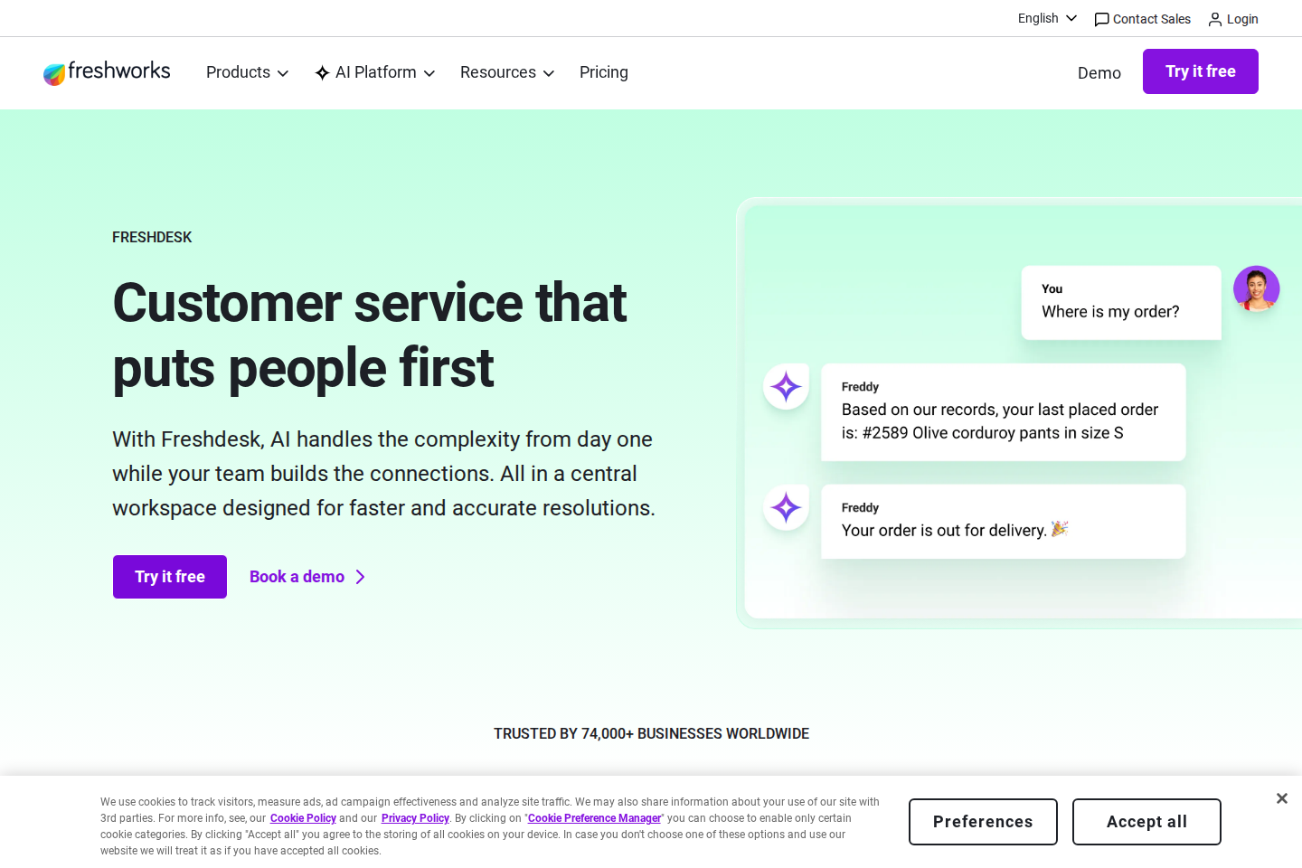 Screenshot of the Freshdesk homepage