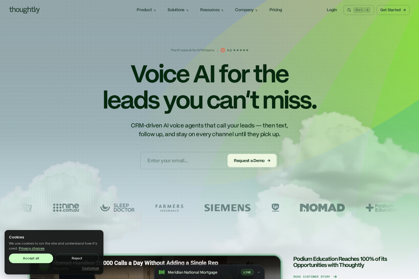 Screenshot of the Thoughtly homepage in June 2026