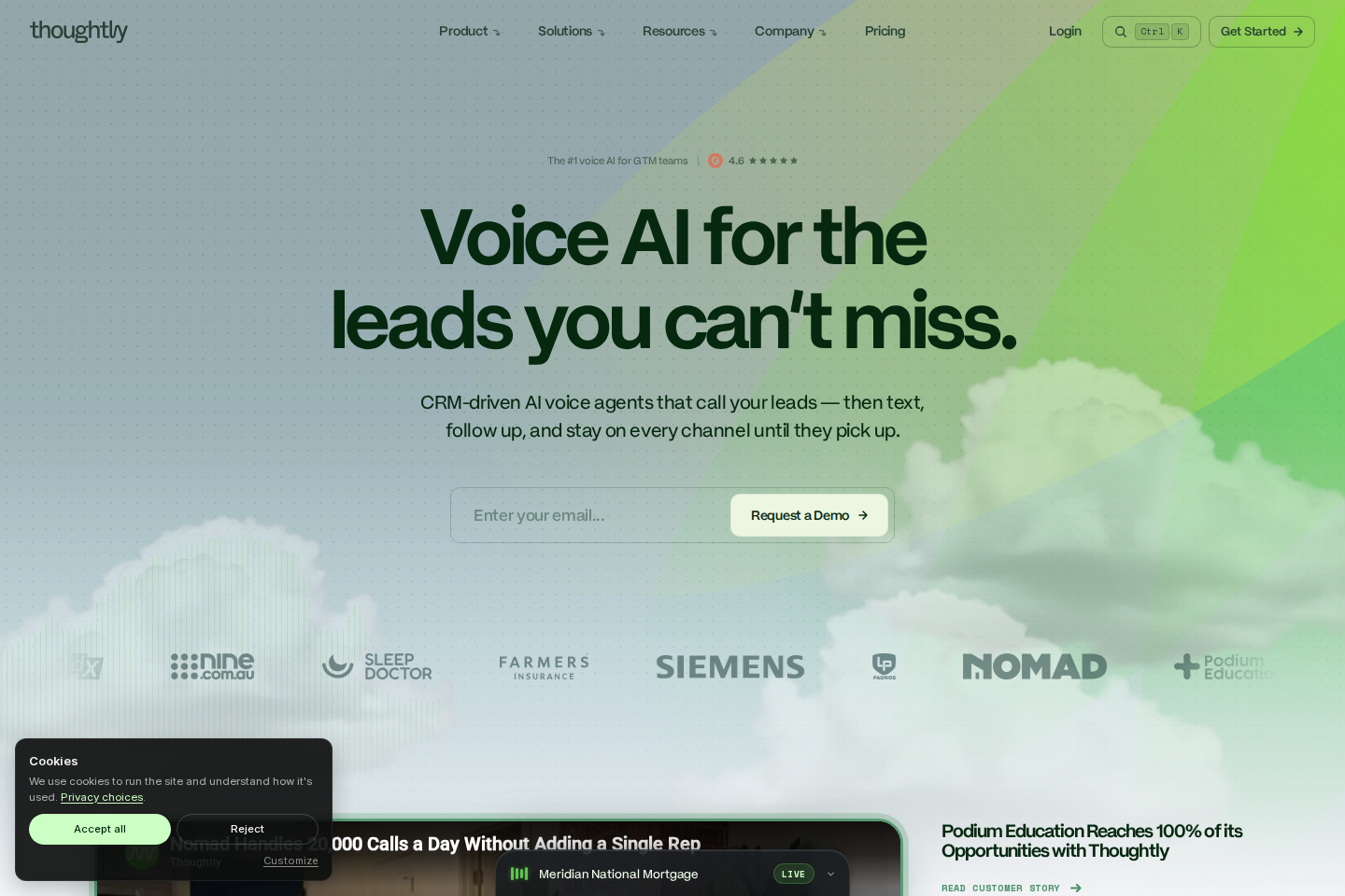 Screenshot of the Thoughtly homepage in June 2026