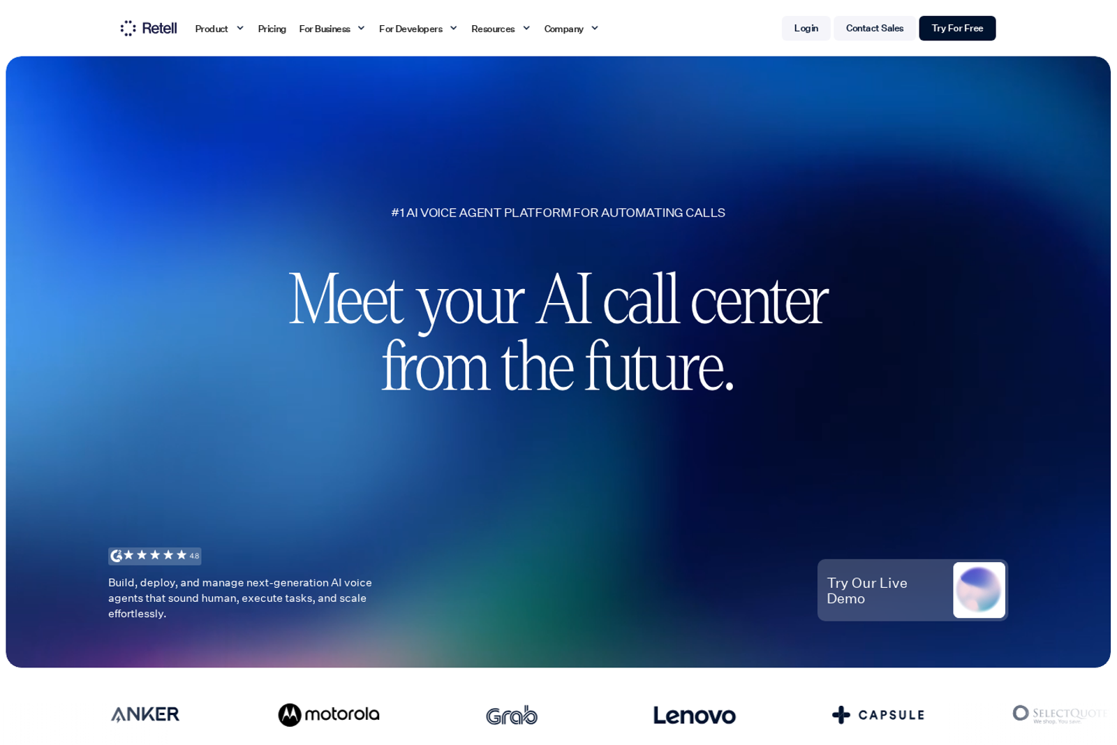 Screenshot of the Retell AI landing page