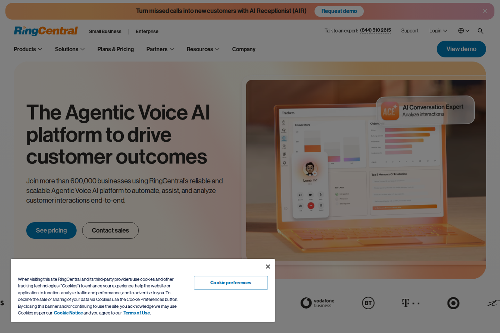 Screenshot of the Ringcentral landing page