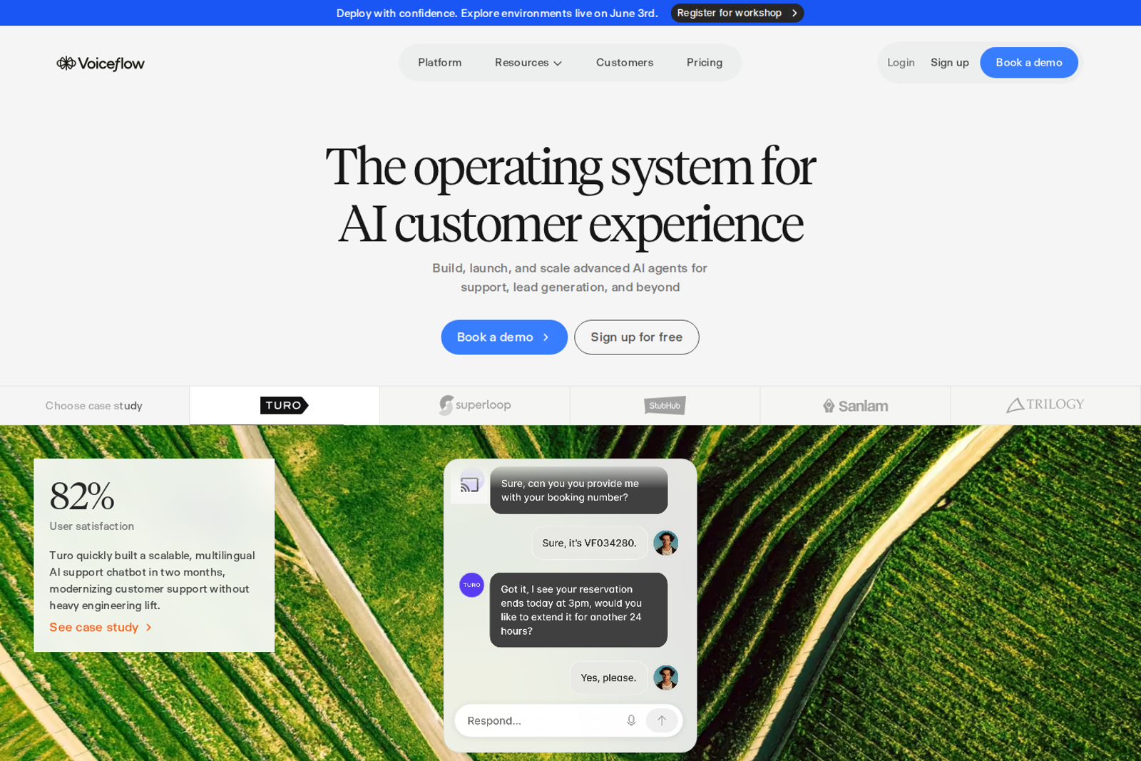Screenshot of the Voiceflow landing page showing conversation design platform for AI agents