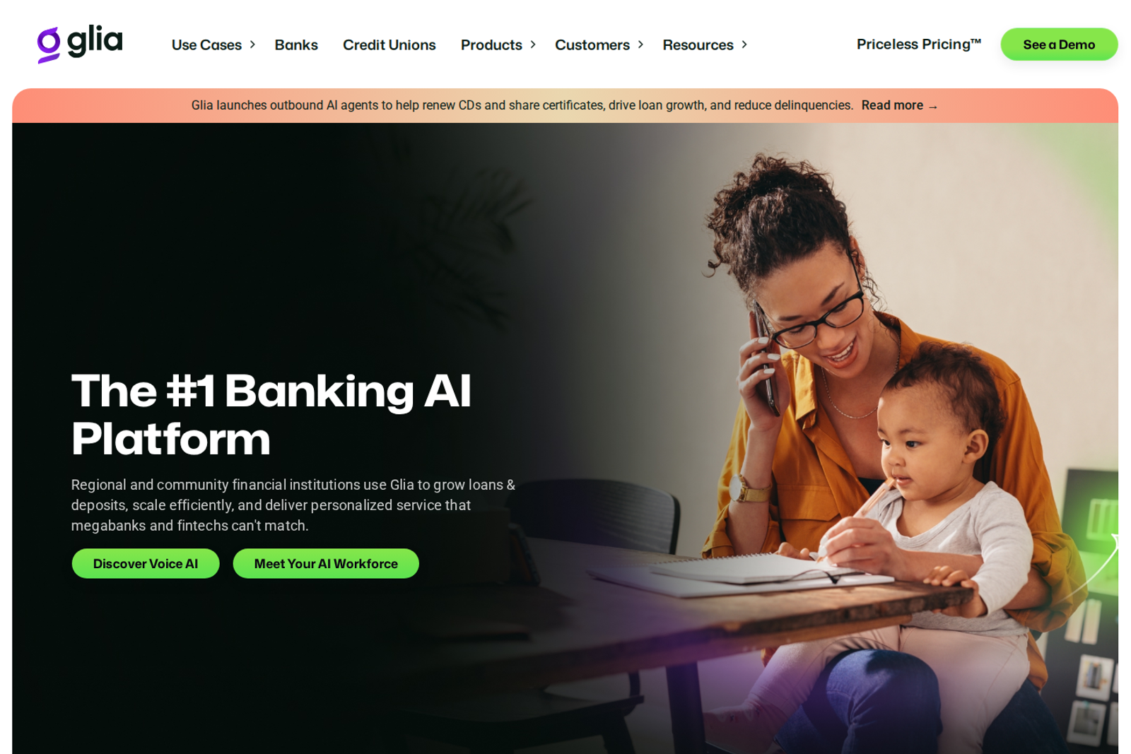 Screenshot of the Glia landing page