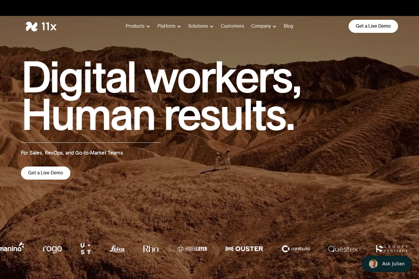 Screenshot of the 11x homepage