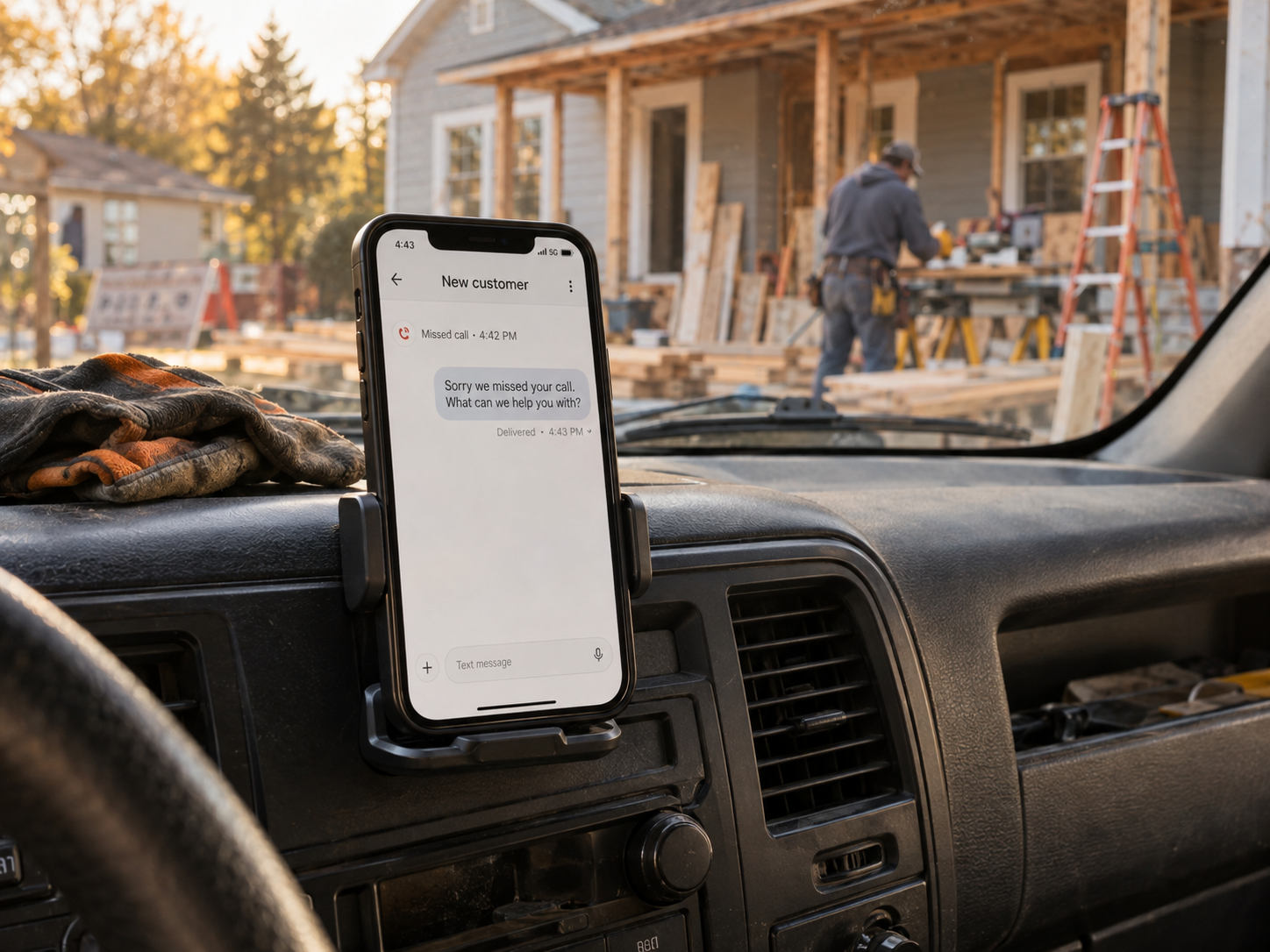 A contractor’s truck at a job site, phone on the dash lighting up with the text that just went back to a missed call