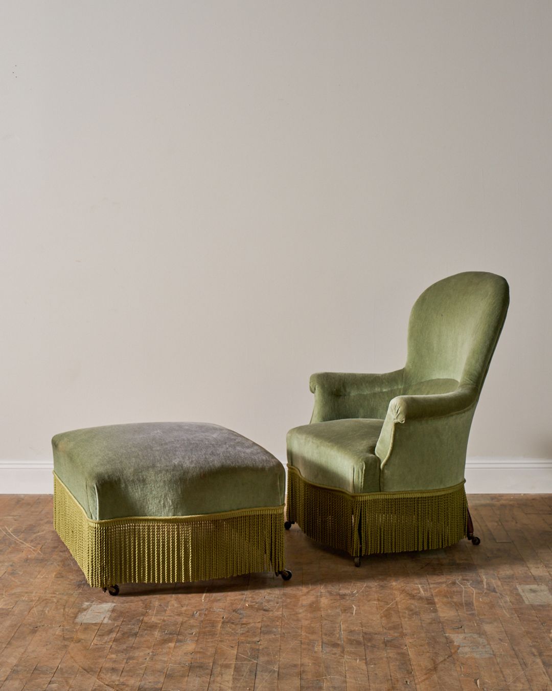 19th c. Napoleon III Green Armchair & Ottoman