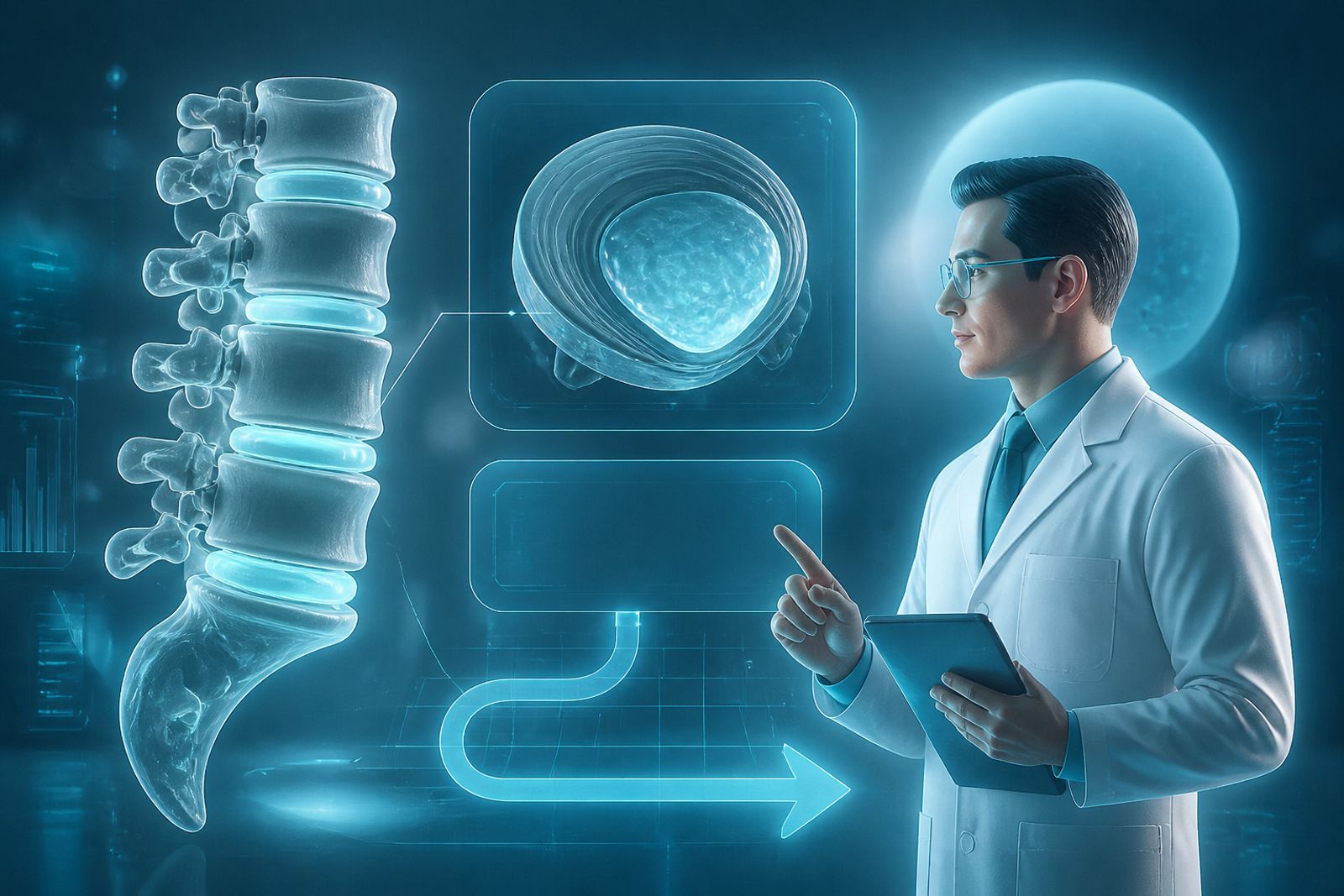 Ilustración de una columna vertebral con un disco intervertebral resaltado en verde