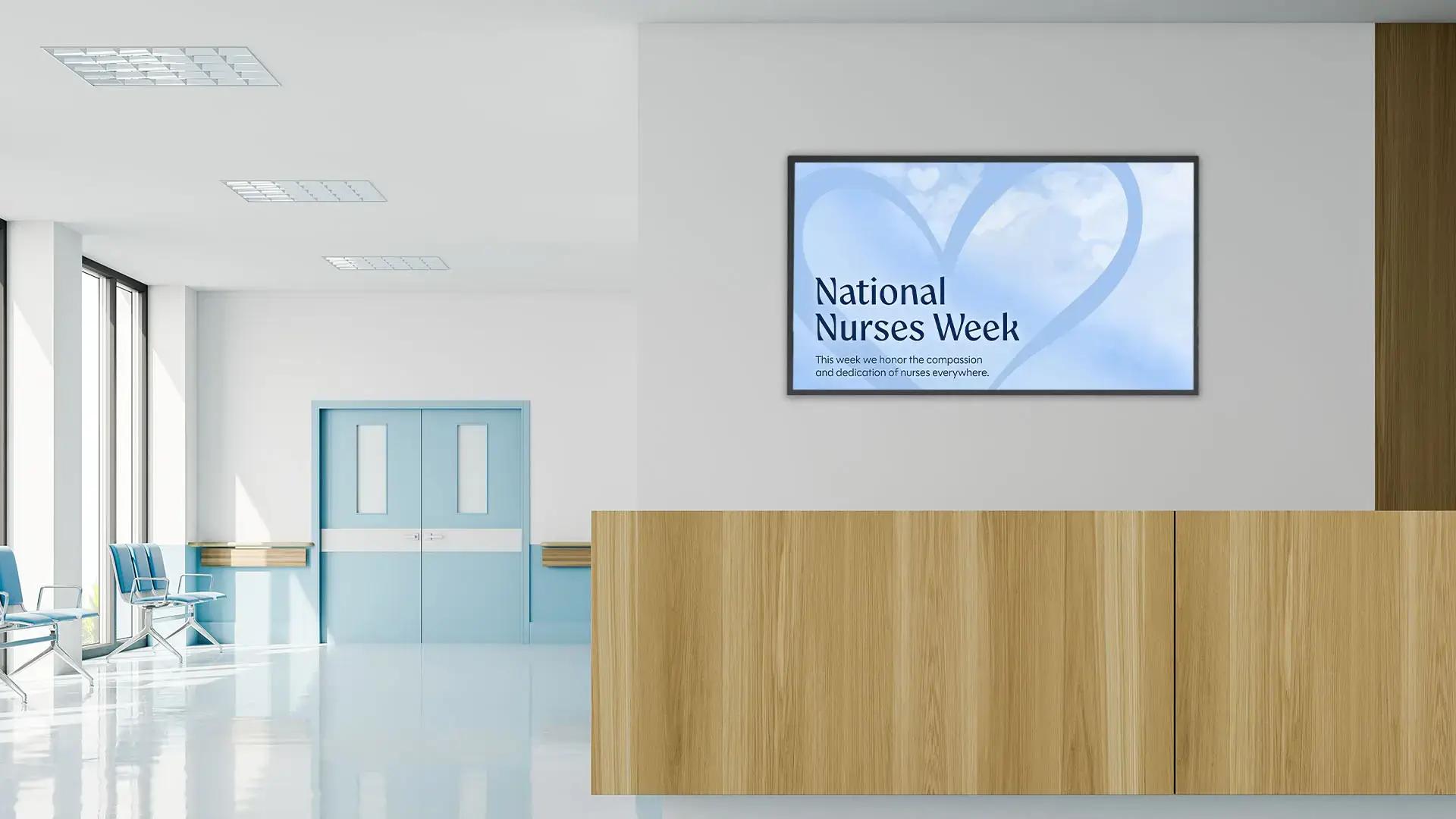 A digitally made hospital hallway with a screen displaying an Arreya monthly graphic for National Nurses Week.