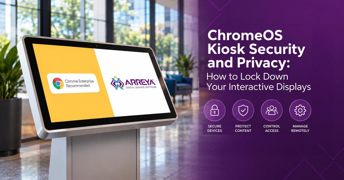 Interactive ChromeOS kiosk featuring Chrome Enterprise Recommended and Arreya, highlighting secure devices, protected content, access control, and remote management.