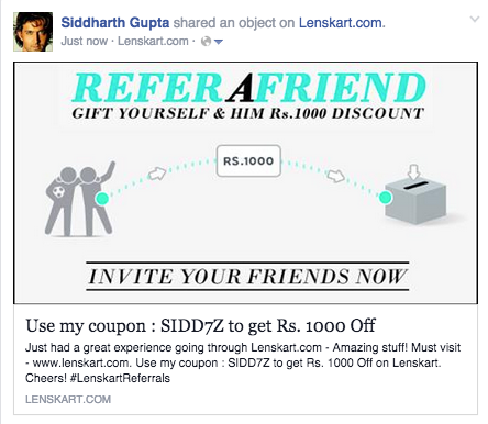 Lenskart refer a friend facebook share