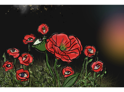 An illustration of poppies with eyes, half turned upward and half turned toward a glow emanating from right side of the frame.