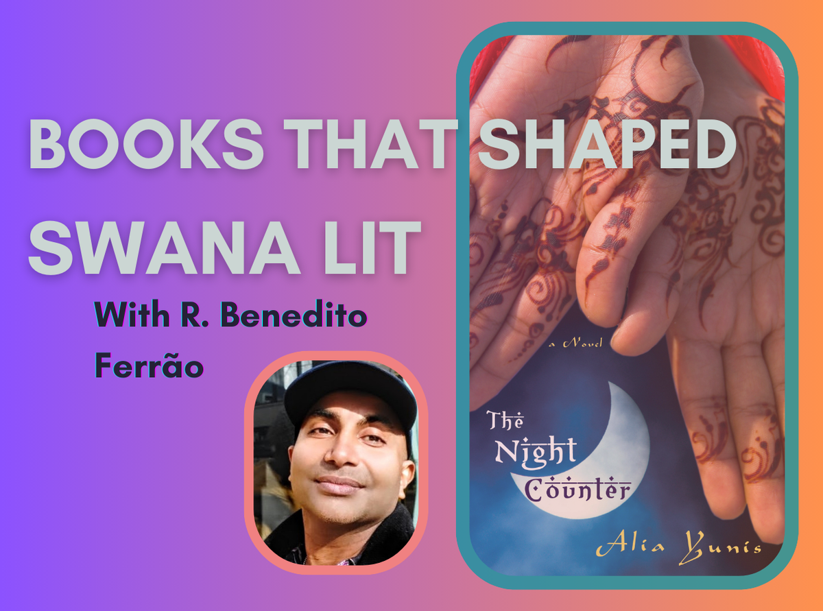 In text: "Books That Shaped SWANA LIT with R. Benedito Ferrao." In images: a tight headshot of Goan scholar and author  R. Beneditor Ferrao and the book cover featuring a moon and hands with henna tattoos. 