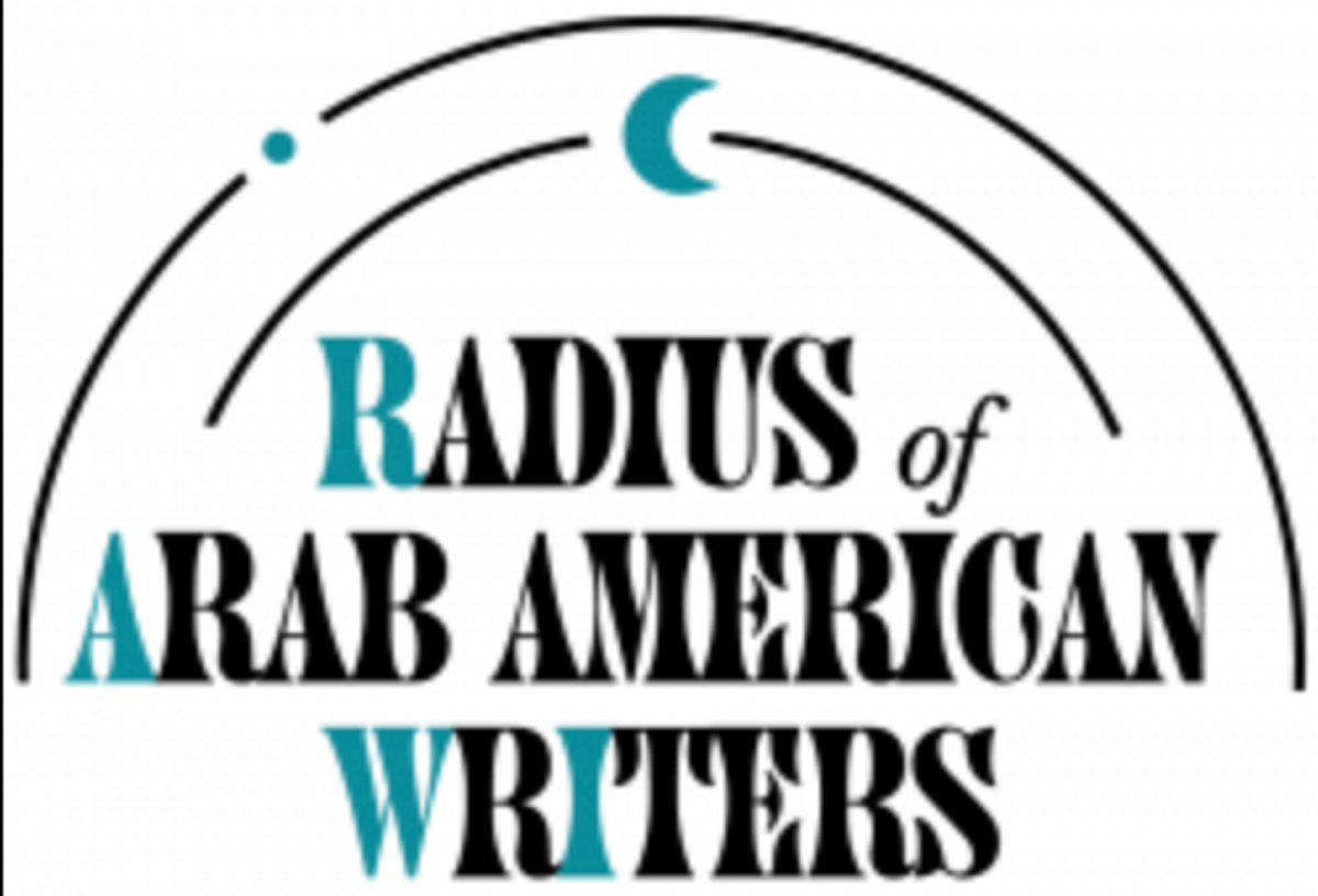 Radius of Arab American Writers logo. Two concentric black semicircles, the outer one interrupted by a turquoise dot and the inner one by a turquoise moon, sit above the words Radius of Arab American Writers in all capital letters, the letters R-A-W-I in turquoise and the rest of the letters in black.