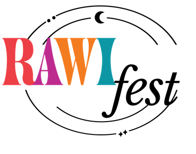 RAWIfest logo; the top has lines divided by a moon. RAWI is written in rainbow letters, with fest in lower-case black font.