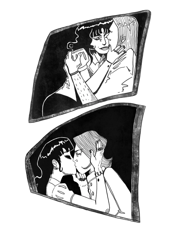 two unevenly square panels in black and white sit one atop the other on a white background. in the top panel, a black haired person smiles as they are held by a light haired person. in the bottom panel, the same two people kiss, holding each other's head and chin in a sweet way.