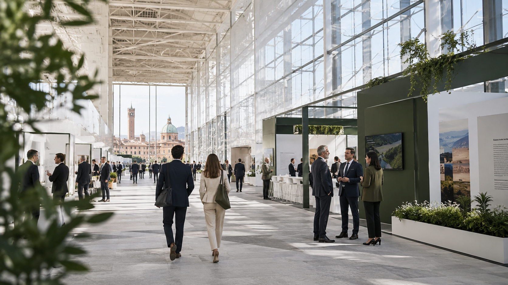 Profesionales en un evento corporativo, en un espacio moderno con luz natural, vegetación interior y paneles expositivos.