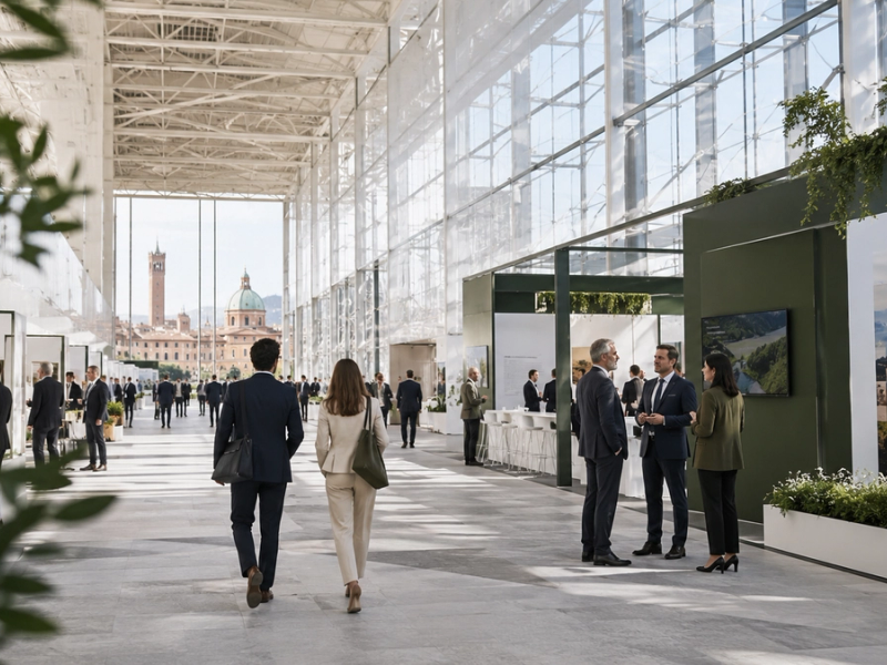 Profesionales en un evento corporativo, en un espacio moderno con luz natural, vegetación interior y paneles expositivos.